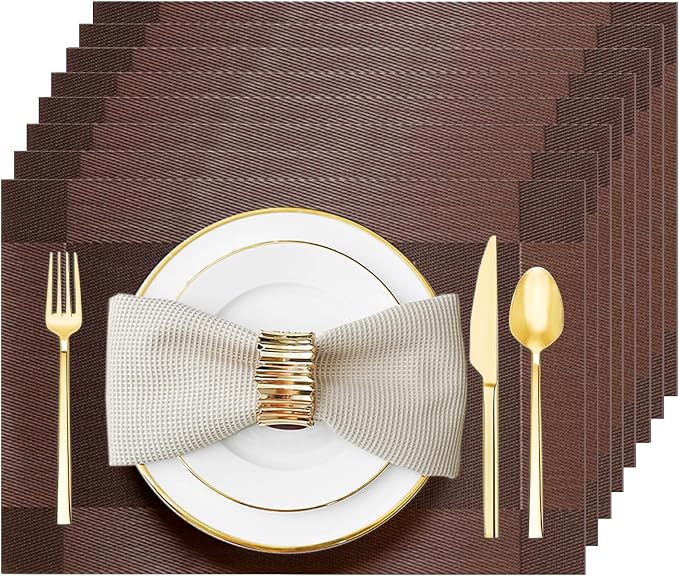 Placemats Set of 8 Washable&Wipeable Place mats for Dining Table Kitchen Indoor Outdoor Table Mats Heat Resistant Non Slip Woven Vinyl Table Placemats (Brown，8PCS)