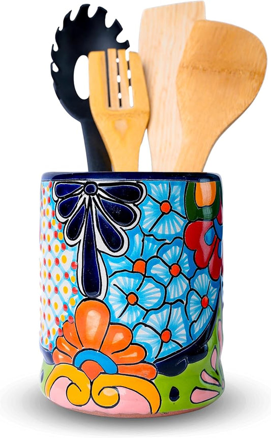 Talavera Utensil Holder - Hand Painted Ceramic Spoon Crock - Colorful Utensil Crock - Large Mexican Spoon Rest 6" H (Cobalt Blue)