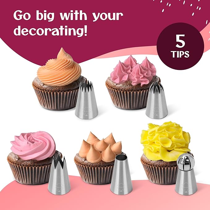 Large Piping Bags and Tips Set - XL Icing Tips - Large Piping Tips Set with Reusable Piping Bag (16 inch) - Decorating Tips for Cupcakes, Cakes, Cookies, Churros, Meringue, etc.