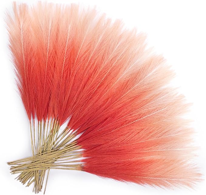 TORONTOKYO Burnt Orange Pampas Grass Fall Decor, 50Pcs 21.6 inch Artificial Faux Pompas Grass Small Fluffy Arrangement for Wedding Boho Home Autumn Decor Vase Filler