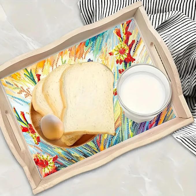 DIY Diamond Serving Tray Rectangular Wooden Breakfast Tray with Handle Handmade Diamond Art Painting Spring Creative Dinner Plate Coffee Room Living Home Organizer-Butterfly