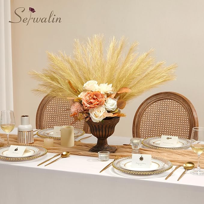 Serwalin 60Pcs Gold Pampas Grass Decor, 17.7" Faux Pampas Grass, Artificial Short Pompas Grass Branches Fluffy Plant Vase Filler Boho Decoration for Home Wedding Party