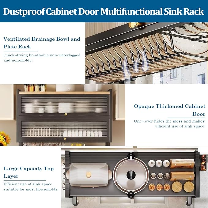 4-Tier Dish Drying Rack with Cover – Above Sink Kitchen Storage Rack, Large Space-Saving Shelf for Dishes, Glasses, Bowls & Cutlery, Black (W-40'')