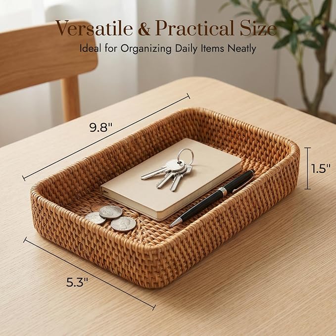 9.8" x 5.3" Rattan Tray, Wicker Decorative Tray, Woven Tray Rectangular, Natural Vanity Tray, Catchall Organizer Storage for Bathroom Kitchen Counter Entryway Coffee Bar Nightstand (Rectangular S)