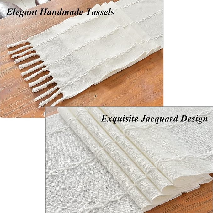 Wracra Rustic Linen Table Runner Farmhouse Style Table Runners 48 inches Long Embroidered Table Runner with Hand-Tassels for Party, Dresser Decor and Dining Room Decorations (White, 13"×48")