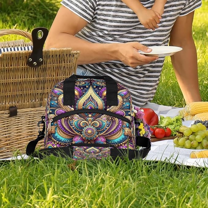 Pardick Ethnic Paisley Boho Insulated Lunch Bag for Women Leakproof Lunch Box Large Cooler Thermal Tote Bag with Shoulder Strap Meal Prep Bags for Work School Office Picnic Teen Girls Adult