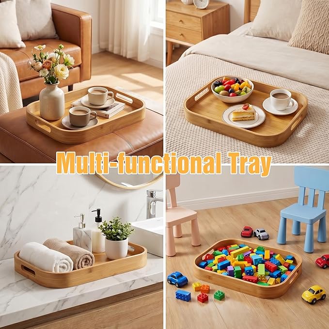 2-Pack Bamboo Serving Trays with Handles (16" & 13") – Large Solid Wood Breakfast Tray for Bed, Food Serving Platter for Coffee, Tea, Dinner, Party, Decorative Tray for Kitchen Counter & Living Room