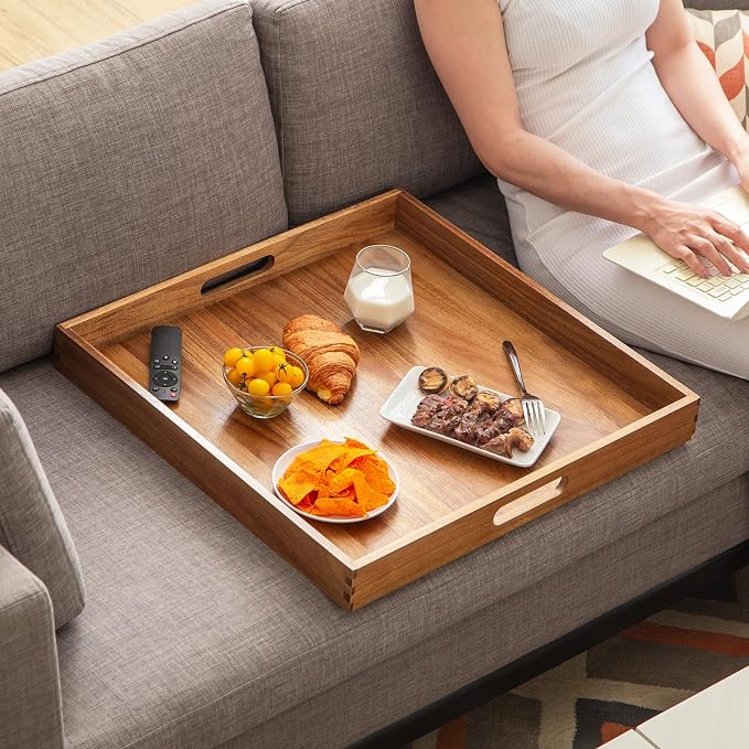 Extra Large 22INCH Premium Acacia Wood Tray Square Ottoman Tray with Handles Wooden Serving Tray Multi-Use for Breakfast in Bed Coffee Table Snack Entertaining Guests