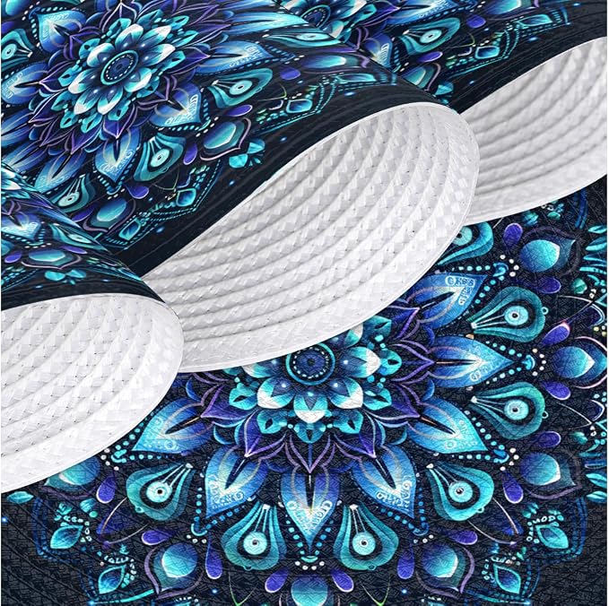 Round Placemats Set of 6, Ethnic Mandala Flower Teal Woven Placemats Mats Non-Slip Heat Resistant Washable Table Mats Round Braided Place for Farmhouse Kitchen Dining Party Decor 15in