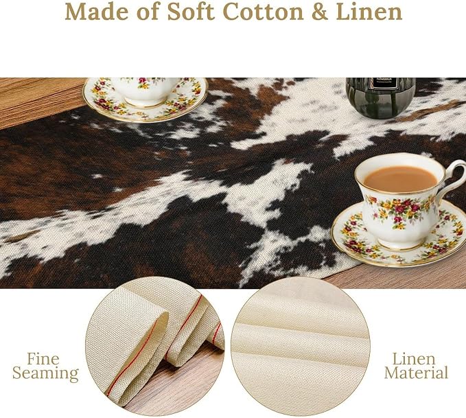 Cow Skin Print Table Runner, Cotton Linen Rustic Cottage Country Farm Animal Fur Skin Pattern Western Style Brown Cowhide Print Dinner Runner for Home Kitchen Dining Table Decoration 13"x90"