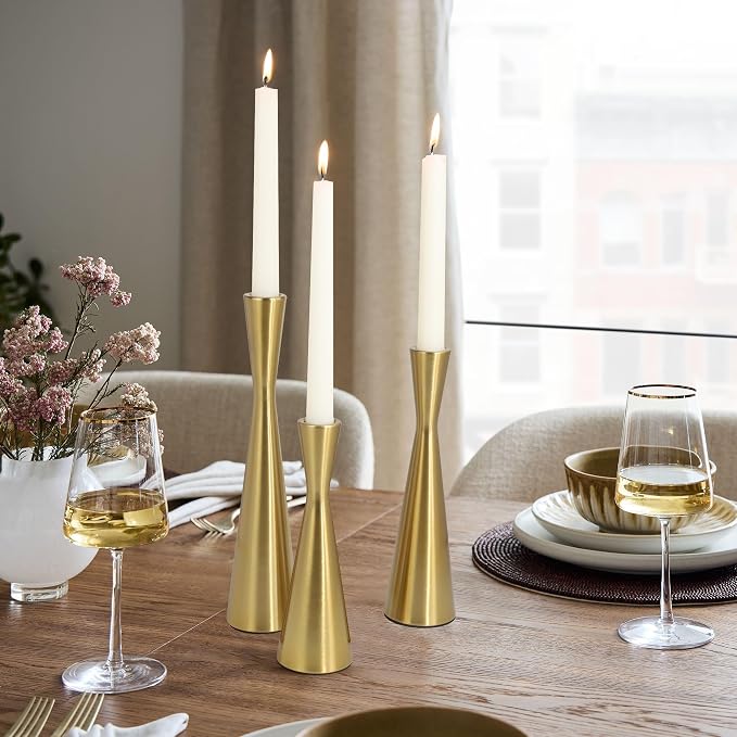 Vixdonos Brass Gold Taper Candle Holders Metal Candlestick Holders Set of 3 Table Mantel Decorative Candle Stand for Dinning,Party，Wedding,Home Decor(Brass Gold)