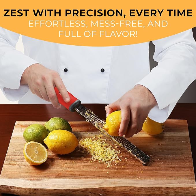 Orblue Lemon Zester & Cheese Grater - Premium Citrus Zester, Kitchen Grater for Parmesan, Chocolate, Fruits, Vegetables, Ginger, Garlic, Nutmeg - Stainless Steel Blades with Protective Cover, Red