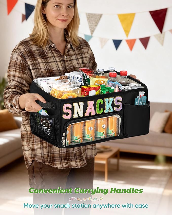 Fasrom Large Snack Organizer for Countertop, Chenille Letter Snack Basket Organizer with 6 Compartments, Pantry Storage Bin with Handles, Food Container Snack Box for Chips, Candy, and Snacks, Black