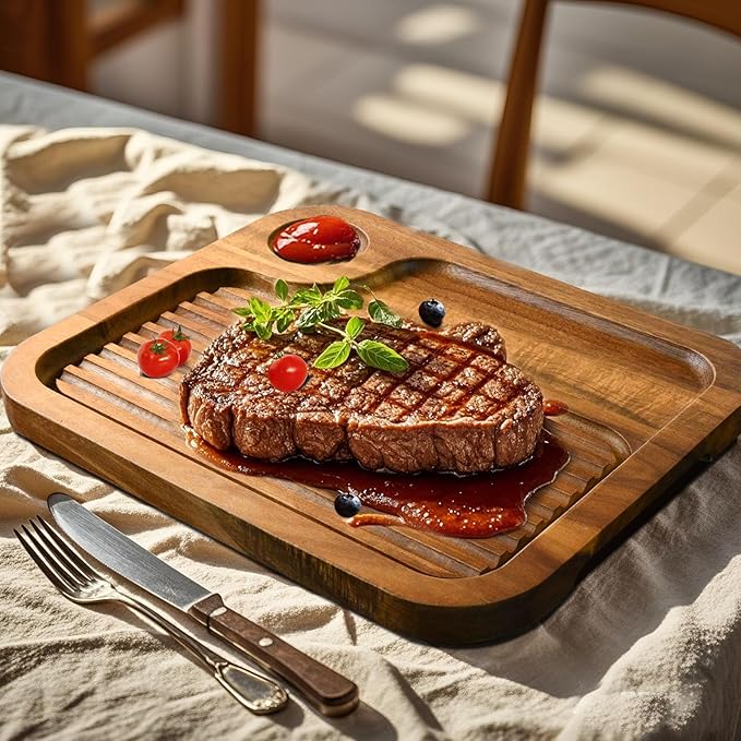 Acacia Wood Steak Plates,Carnivore Cutting Board for Eating, Carved Meat Wooden Plate, Food Serving Tray,Cheese Charcuterie Board with Deep Grooves & Hidden Handles