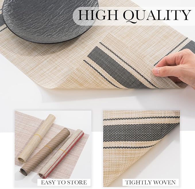 BACKTOEDEN Placemats Set of 6 Heat Resistant Washable Wipeable Placemat Woven Non-Slip Foldable Vinyl/Plastic Place Mats Indoor/Outdoor Mat Kitchen Dining Table Pad, Black Skyline
