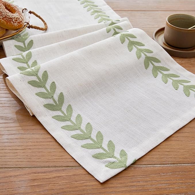 Wracra Embroidered Table Runner Irregular Willow Leaf Table Runners 90 Inches Long for Dresser Home Dining Table Decor,14 x 90 Inch, Light Sage Green
