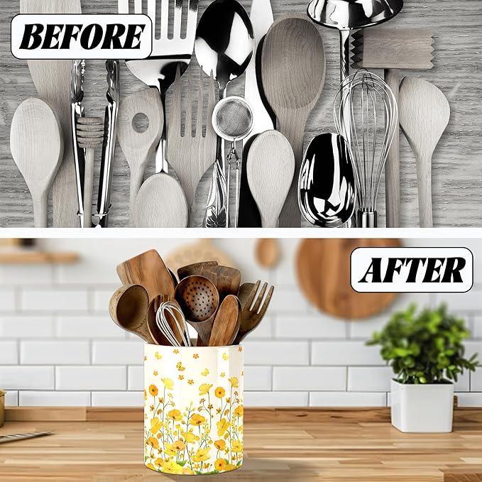 Yellow Flowers Utensil Holder, Ceramic Kitchen Utensil Holder, Utensil Crock for Home Kitchen Countertop Storage Organizer Container, Large Holder for Spatulas, Spoons, Kitchen Counter Decor, 6"