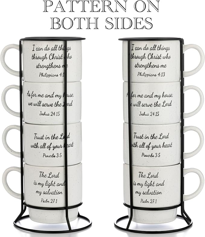 Signature Housewares Stackable Coffee Mug Tower Set with Metal Wire Rack - 15 Ounce Coffee Mugs for Coffee, Tea, Cocoa, Milk, Cappuccino, Hot Chocolate Set of 4 - Inspirational Bible Verses