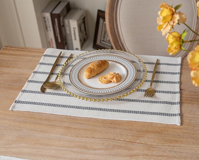 Caflife Boho Farmhouse Placemats Set of 4, Grey Stripes Cotton Linen Woven Table Mats for Modern Dining Table, 13x19 Inch Rustic Kitchen Decor Place Mats