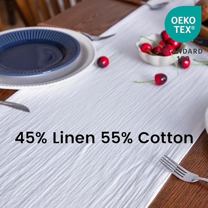 Simple&Opulence Linen Cotton Table Runner - 14 x 108 Inch, Farmhouse Linen Table Runner with Fringed Edges for Bohemian Rustic Wedding, Bridal Shower, Dinner （ White ）