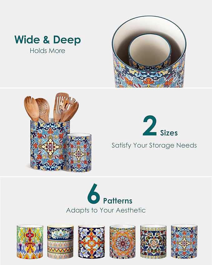 vancasso SIMI Utensil Holder, 7.3"+5.5" Porcelain Kitchen Utensil Holder for Countertop, Bohemian Kitchen Utensil Organizer for Spatulas, Spoons, Decorative Counter Utensil Crock, Twilight Bloom