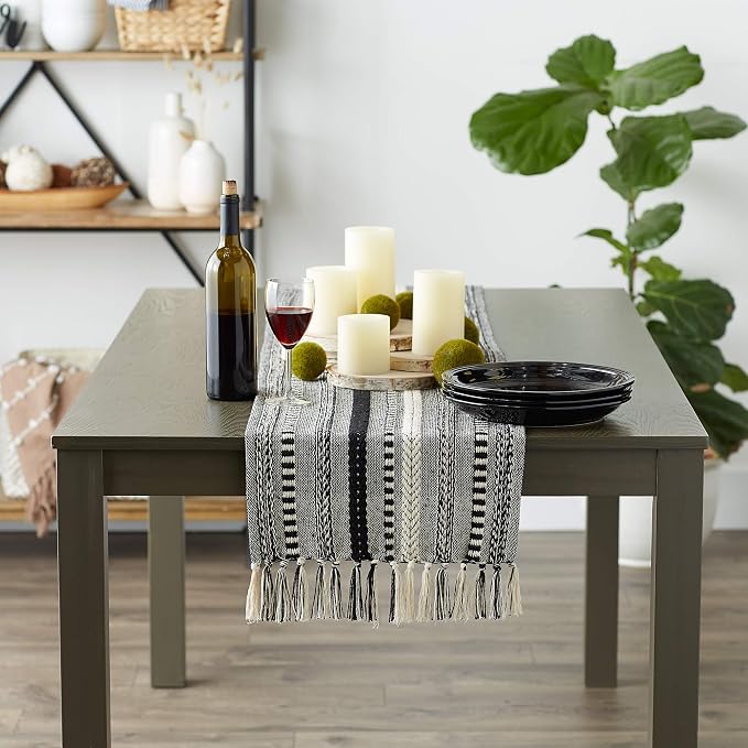 DII Farmhouse Braided Stripe Table Runner Collection, 15x72 (15x77, Fringe Included), Stone (Pack of 12)