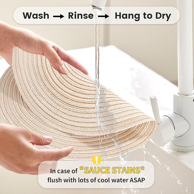15'' Round Woven Placemats Set of 6, Natural Heat Resistant Washable Non-Slip Woven Table Mats-Beige