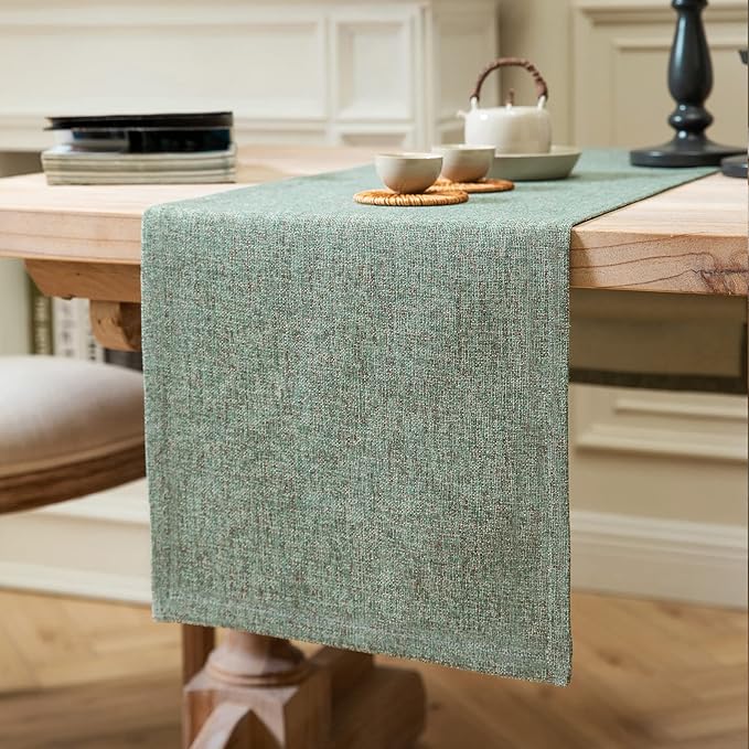 ZeeMart Burlap Style Farmhouse Table Runners 90 Inches Long, Green Rustic Woven Dining Table Runner for Everyday Use, 14x90 Inches, Mineral Green