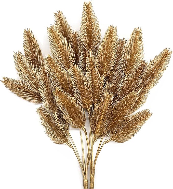 CATTREE Artificial Gold Plants Plastic Fake Grass Faux Shrubs Simulation Bushes Home Indoor Outdoor Garden Leaves Wedding Festival Decoration Hall Table Planter Filler – Golden Pine Cones 4 Pack