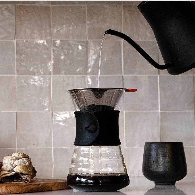 Reusable Coffee Filter for Pour Over Coffee Maker | Dual Layered Pour Over Mesh Filter with Glass Rest | Stainless Steel Coffee Filter & Glass Measuring Cup