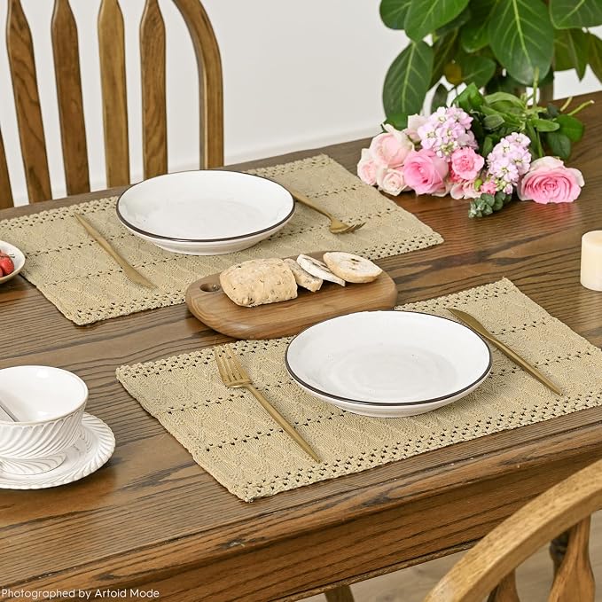 Artoid Mode Burlap Brown Farmhouse Woven Rustic Hollow Placemats Set of 6,12x18 Inch Seasonal Holiday Table Mats Party Kitchen Dining Decoration