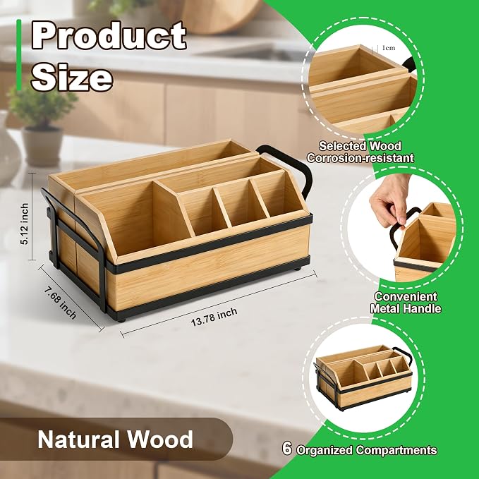 Large Kitchen Utensil Holder Caddy, 6 Compartments Wooden Utensils Organizer for Cooking Utensils, Silverware, Paper Plate, Spoon, Fork, Cutlery Storage on Kitchen Countertop for Party Hosting