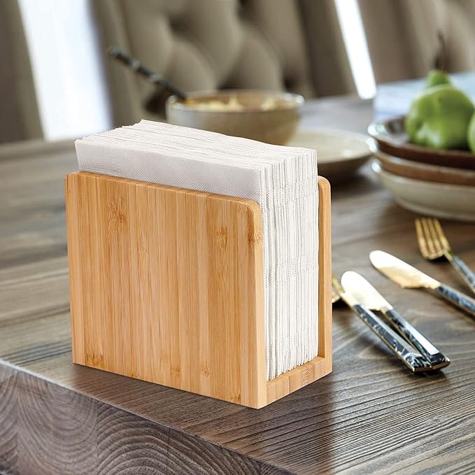 MaxGear Bamboo Napkin Holder for Tables, Wooden Freestanding Tabletop Tissue Dispenser for Kitchen, Dining Room, Party, Outdoor, Holds 5.5x5.5 or Larger Napkins for Home, Restaurant, Hotel, 1 Pack
