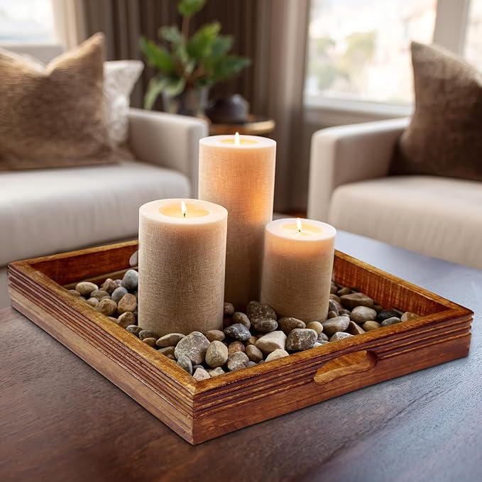 Croft&Cane Solid Wood Serving Tray - 13 x 13 Inch Square Decorative Ottoman Tray - Hand-Carved Ribbed Design - Natural Wood Tray with Handles for Coffee Table, Kitchen, Breakfast & Home Décor
