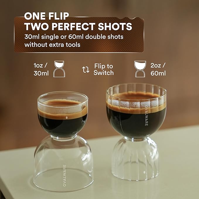 ovalware Espresso Measuring Glass Set of 2 | 30ml/1oz and 60ml/2oz Dual-Dose Stackable Borosilicate Cups | Cool-Touch Thermal Base | Oval Measurement Dots for Consistent Espresso Shots