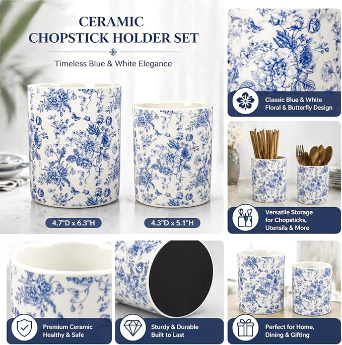 JarThenaAMCS 2Pcs Chinoiserie Floral Ceramic Utensil Holder Vintage Blue Flower Butterfly Utensil Crock for Home Kitchen Countertop Storage Organizer Container