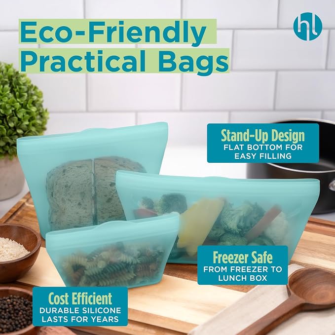 Home Logic Reusable Sandwich Bags - Set of 6 Pool Blue Silicone Freezer Bags, Airtight Leak Resistant Reusable Zip Bags for Kitchen Home Food Prep, Microwave & Sous Vide Safe