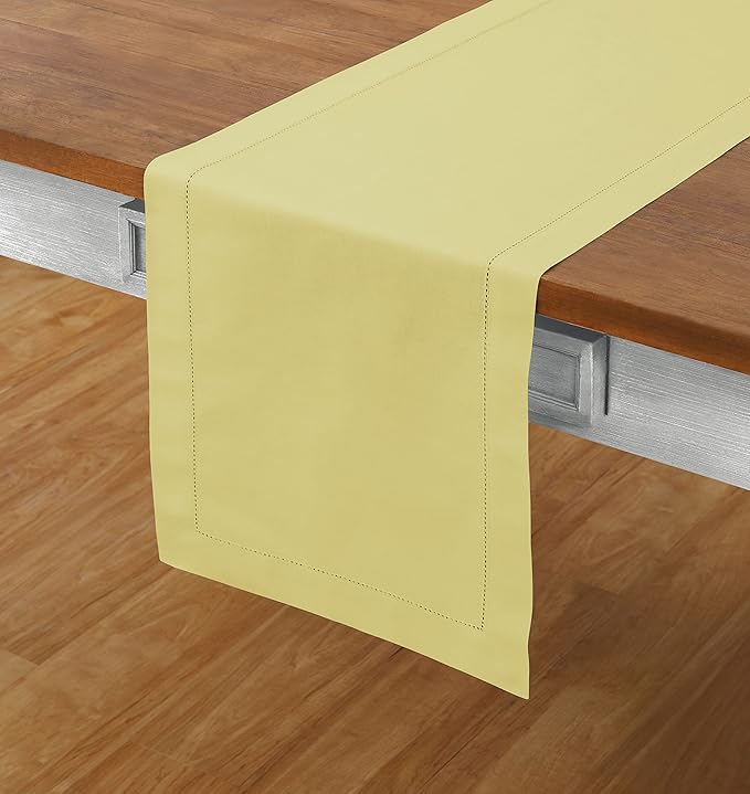 Solino Home Yellow Table Runner 108 Inches Long - Cotton Linen Hemstitch 14 x 108 Inch Table Runner for Dining, Spring, Summer