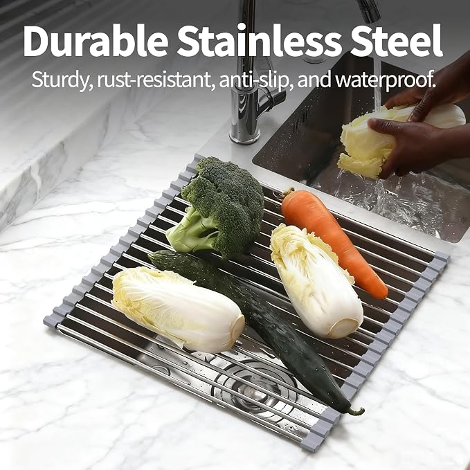 Roll Up Dish Drying Rack for Over Sink -17.5"x11.8" Foldable Stainless Steel Kitchen Drainer，Gray
