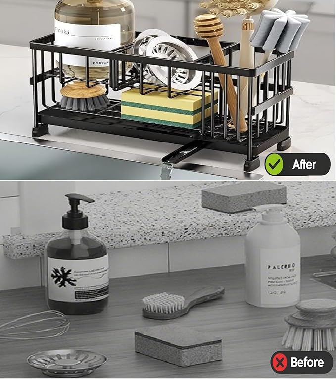 Sponge Holder for Kitchen Sink, 2 Tier Sink Caddy Organizer with Brush Holder, Non-Slip Stainless Steel Kitchen Countertop Organizers and Storage, Soap Dispenser Organize with 360°Drain Tray
