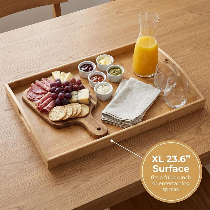 Bam & Boo Natural Bamboo Serving Tray Extra Large Rectangular with Handles for Food, Drinks, Storage, Decor, Vanity, Breakfast, Parties, Weddings, Picnics(23.6” x 15” x 2.35”, Natural)