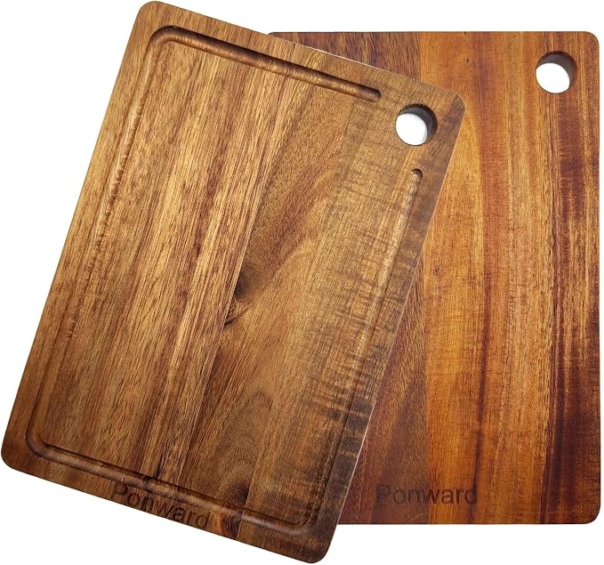 Small Acacia Wood Cutting Board Set of 2, Compact Wooden Chopping Board for Kitchen with Juice Grooves and Hanging Hole, Mini Cutting Board for Vegetables, Fruit, Bread, Meat, 10" x 7"