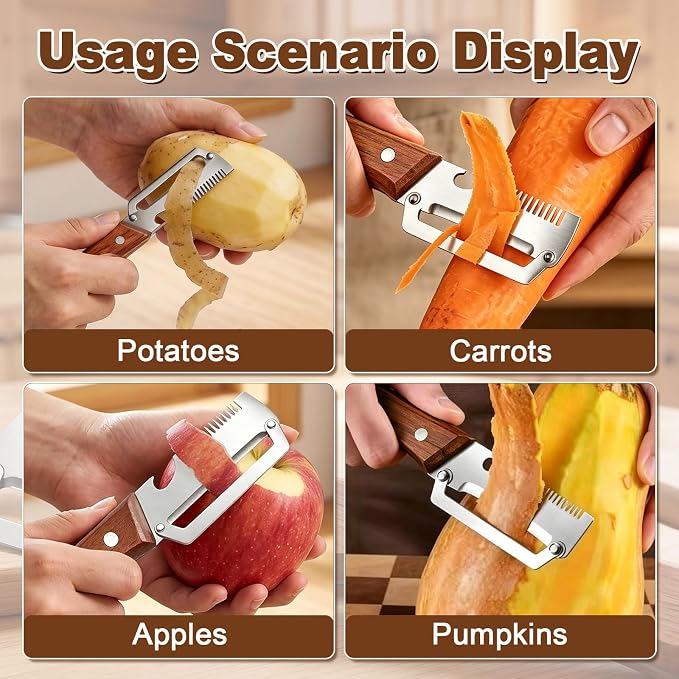 Multifunctional Vegetable Peeler for Kitchen, 3-in-1 Stainless Steel Potato Carrot Peeler with Bottle Opener, Zero Snag Wooden Peeler for Fruits & Veggies (2 PCS)