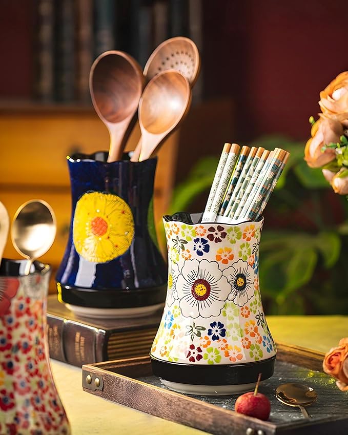Utensil Holder for Kitchen Counter, Large Ceramic Utensil Holder Crock with Drain Tray, Hand-Painted Floral Rustic Farmhouse Kitchen Crock, Perfect for Women, Christmas, Hostess Gifts & Fall Decor
