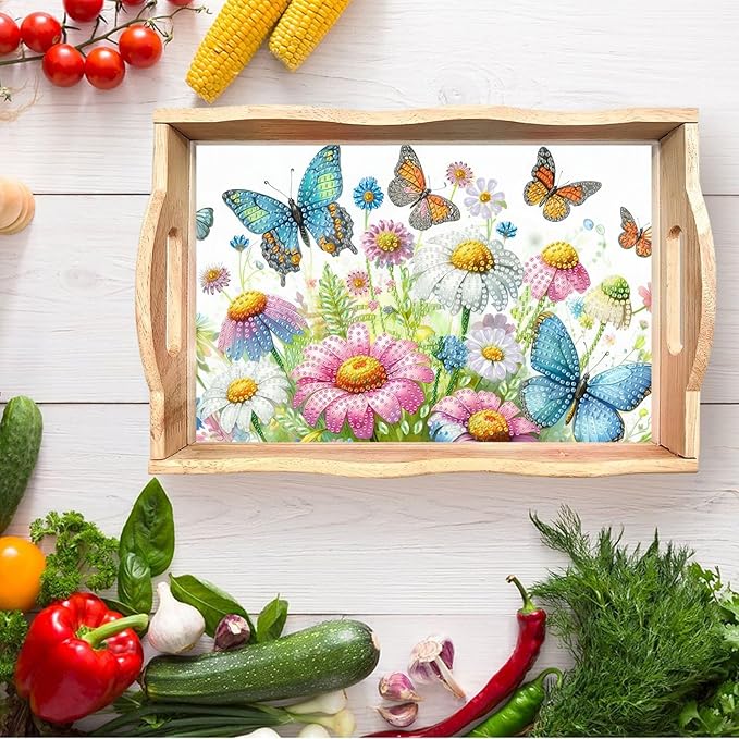 DIY Diamond Serving Tray Diamond Art Painting Creative Design Handmade Wooden Tray Dinner Plate for Coffee Breakfast Home Organizer-Flowers Butterfly