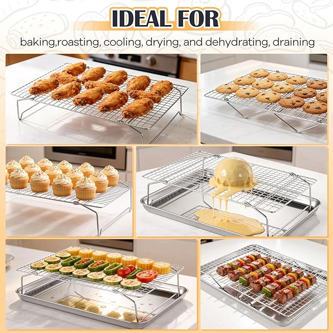 P&P CHEF Cooling & Baking Rack, 4-Tier Stainless Steel Stackable Grid Cooking Racks for Cooling Roasting Grilling, Collapsible & Heavy Duty, Oven & Dishwasher Safe, 15" x 10"