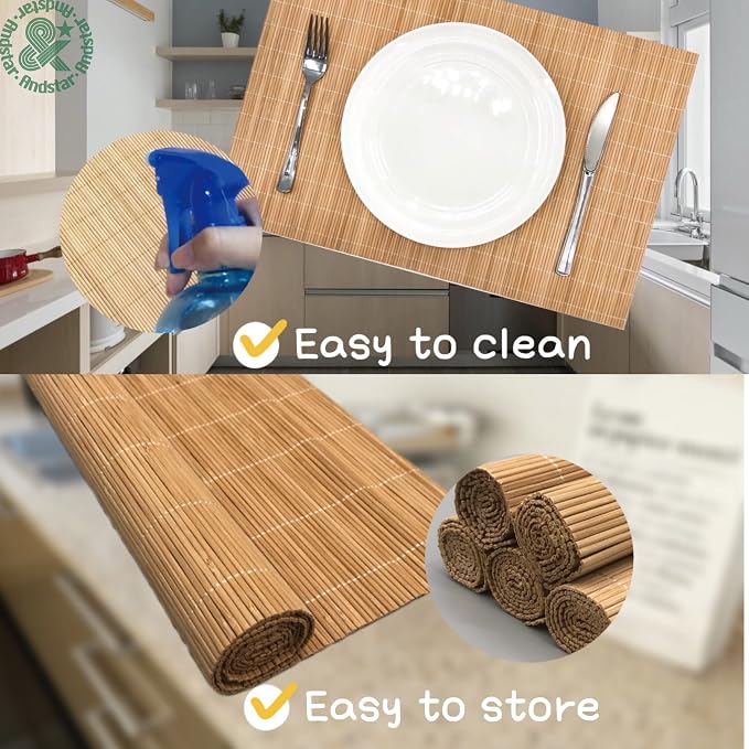 Set of 16 Pcs Bamboo Placemats Sushi Rolling Mat Japanese Style Natural Anti-Slip Bamboo Placemats Washable Heat-Resistant Table Mats for Dining Room and Kitchen