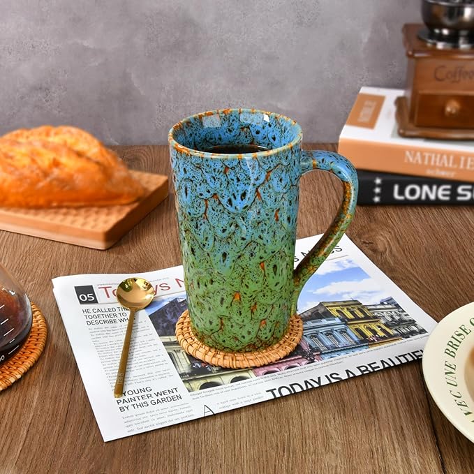 20oz Porcelain Coffee Mugs Set of 4, Large Tall Coffee Mugs with Handles, Modern Ceramic Coffee Cups for Tea, Cocoa, Milk, Gifts for Women Men - Blue & Green