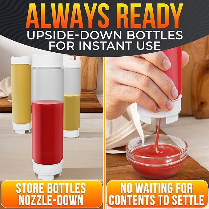 Set of 3 Inverted Condiment Squeeze Bottles 16 oz – Leakproof Clear Sauce Bottles Squeeze with Self-Closing Valve and Sealing Gaskets – Easy-Fill for Ketchup, Mustard, BBQ, Dressings | Kitchen Use