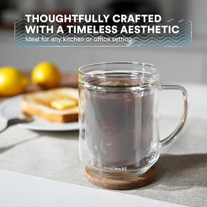 ovalware 500ml Double Wall Glass Coffee Mugs, Single Lip Mugs Made of Durable Borosilicate Glass, Insulated Coffee Mug with Handle for Hot and Cold Drinks - Frost White